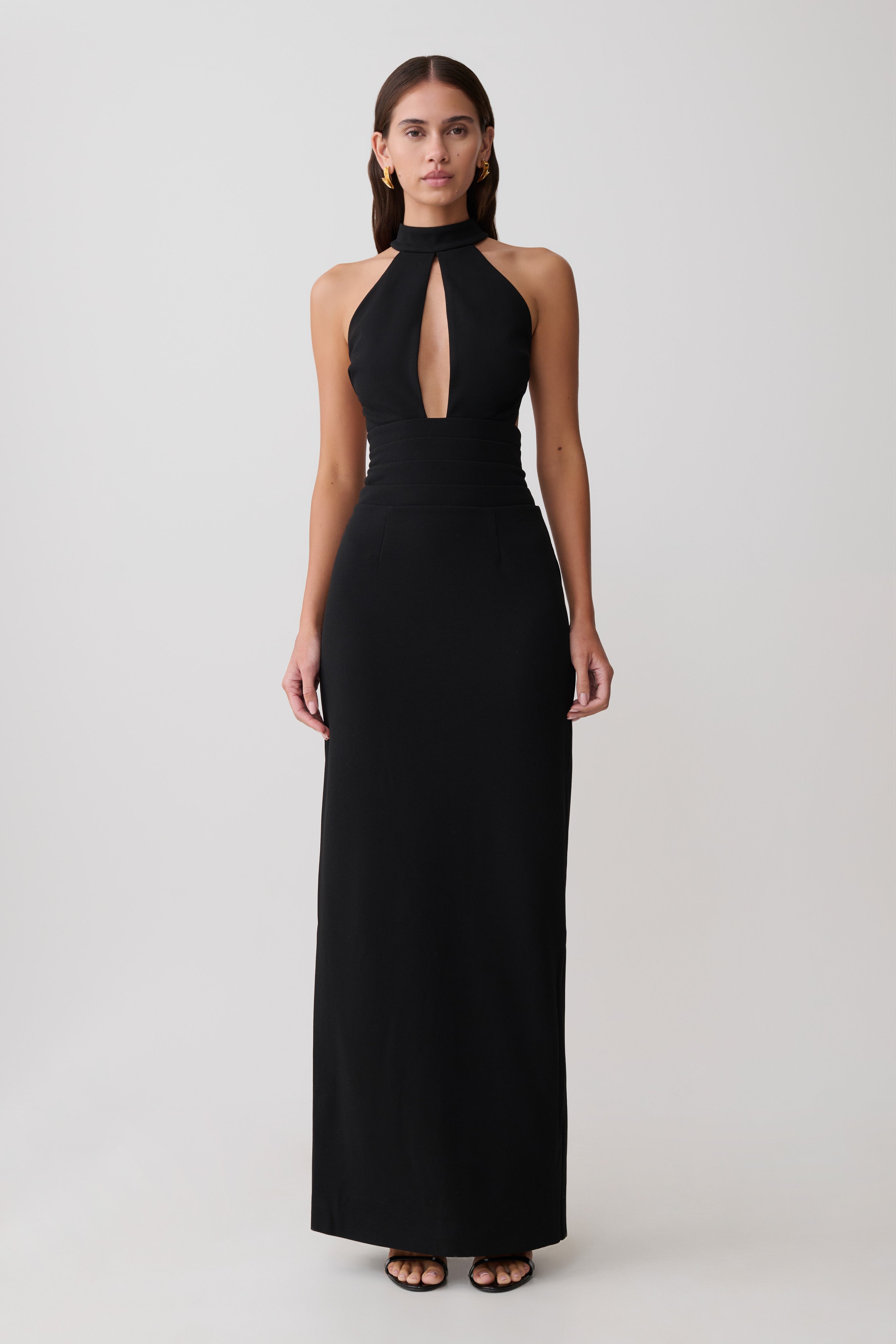 black dresses toronto Elan Stretch Crepe Maxi Dress Timeless in black _okendo:syndication_key:CL136005002 Plus Size Fashion Model Color:LT Blue