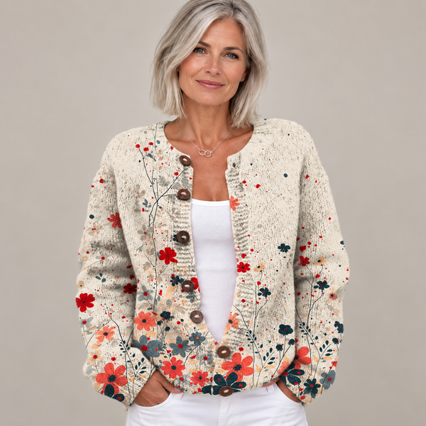Vintage Flower Art Print | Buttoned Cardigan Sweater — Multicolour — front view