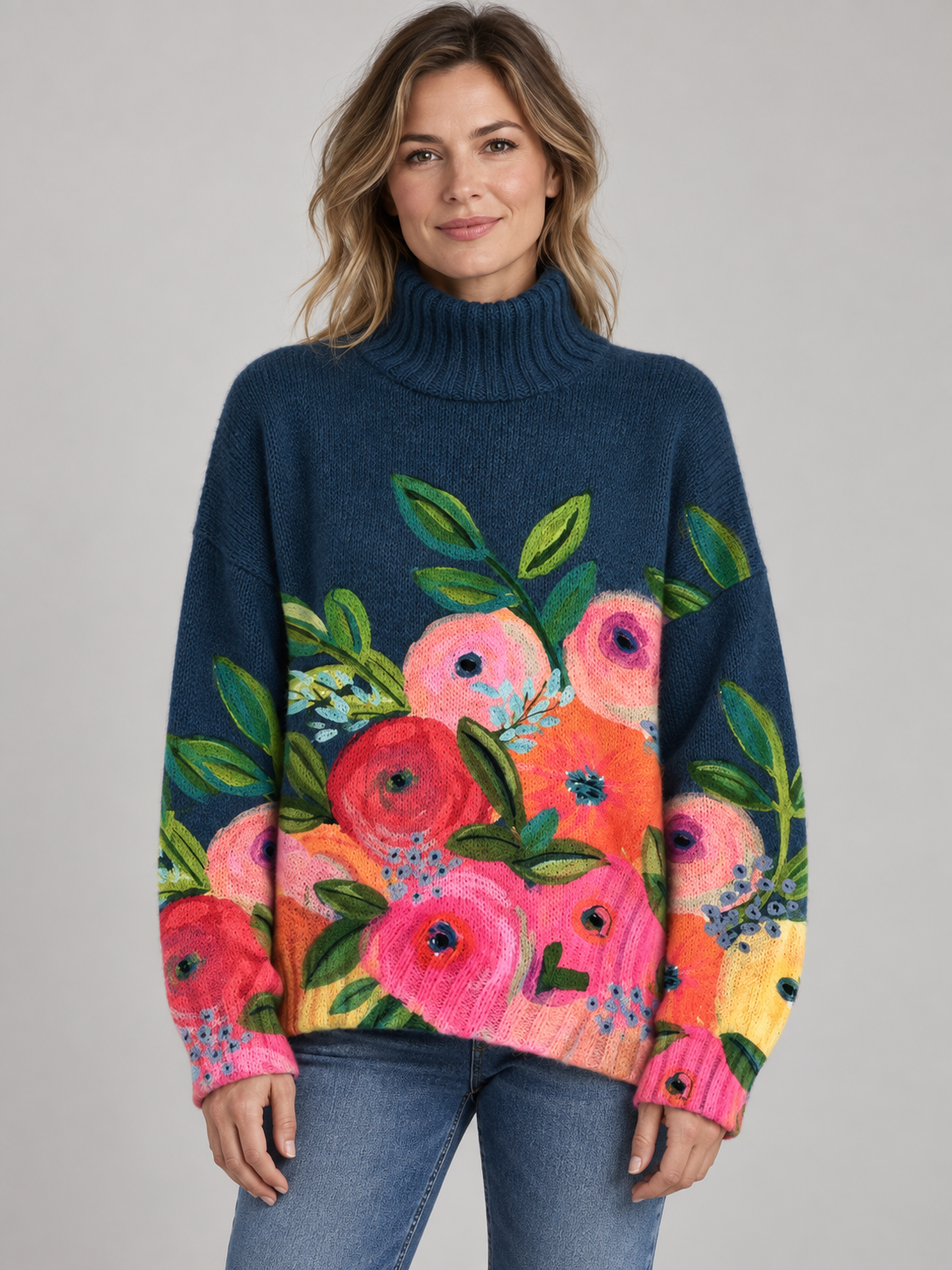 Aleah™ | Retro Floral Pattern Turtleneck Sweater