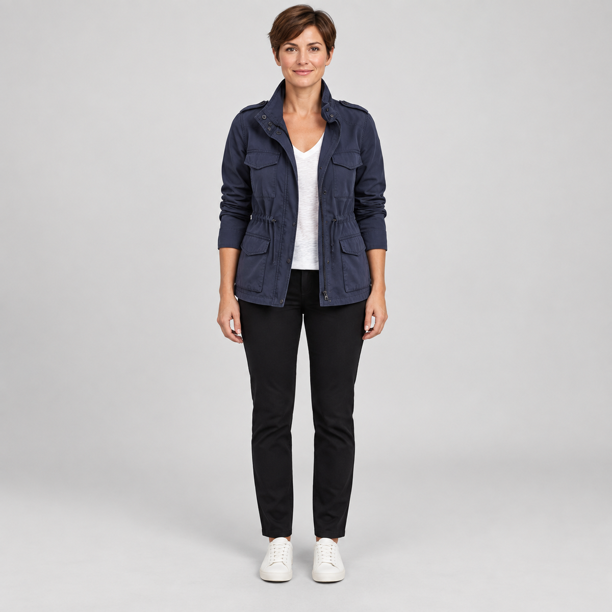Women's Utility Cargo Jacket with Multi Pocket Drawstring Waist