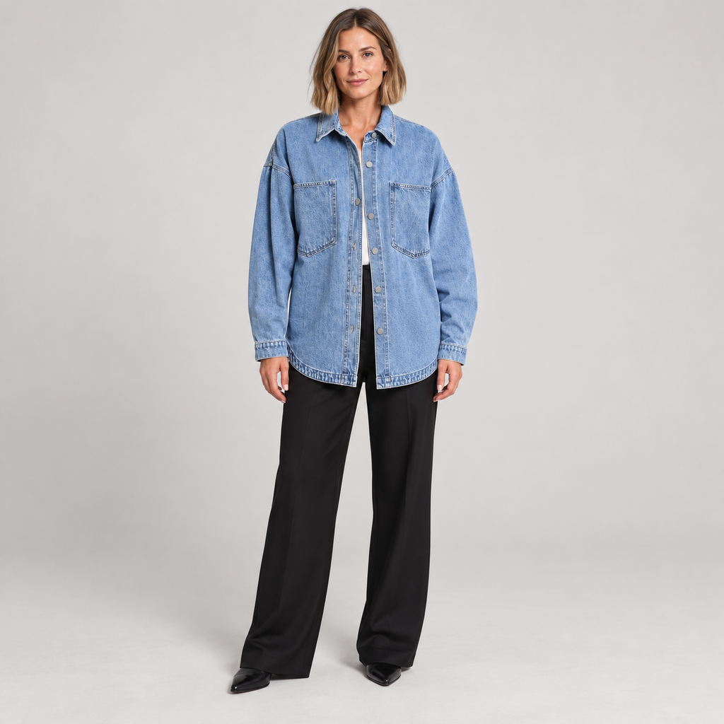 Women's Oversized Button Down Washed Denim Jacket Long Sleeve