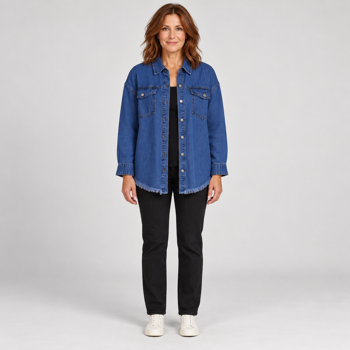 Women's Raw Hem Snap Button Washed Denim Jacket