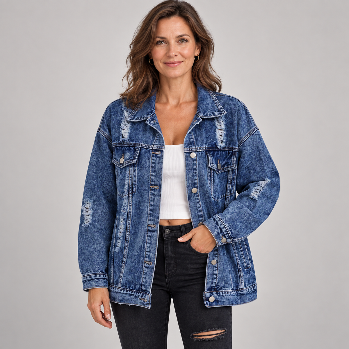 AMIYAH™ - Casual Ripped Fringe Jean Jacket with Pockets for Everyday Style