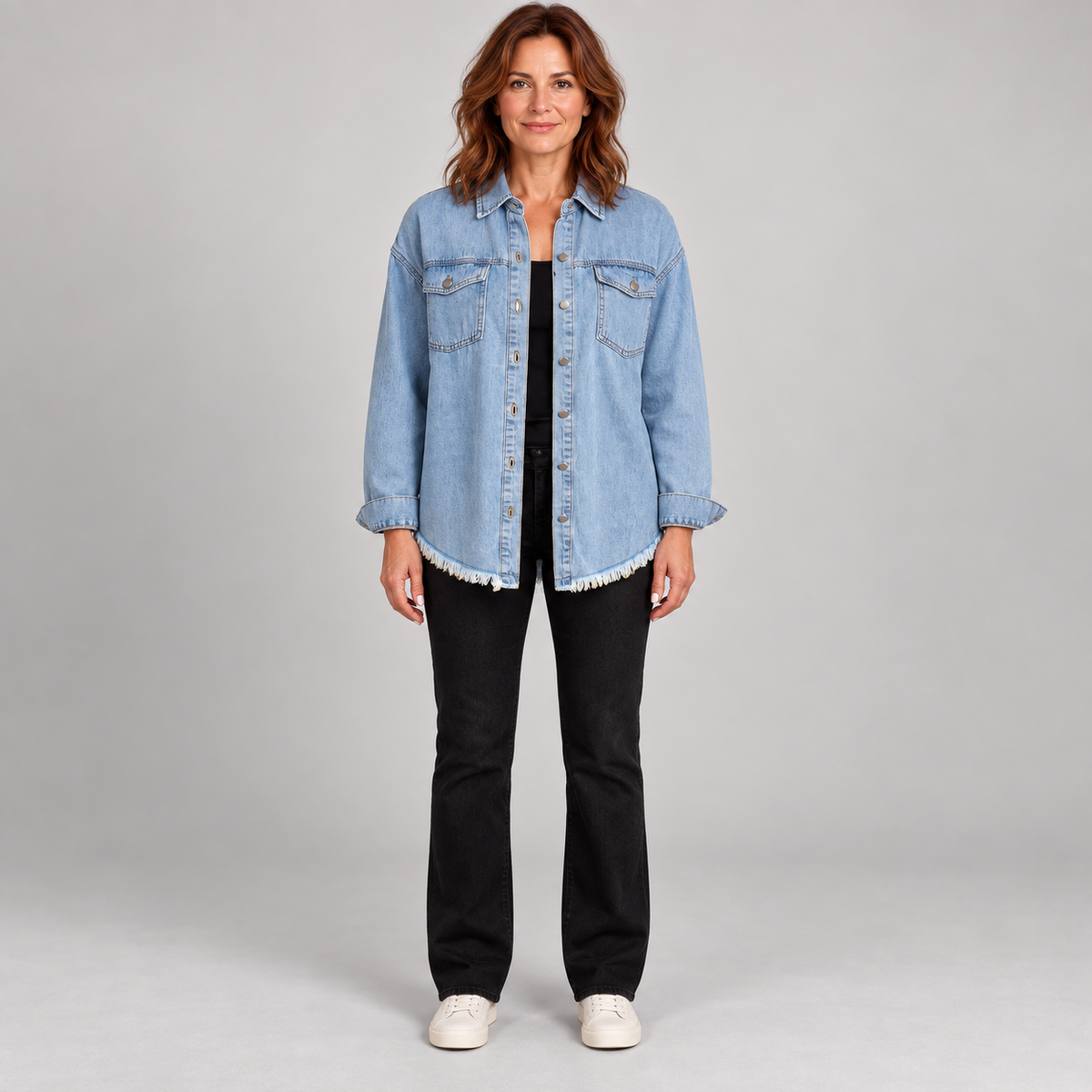 Women's Raw Hem Snap Button Washed Denim Jacket