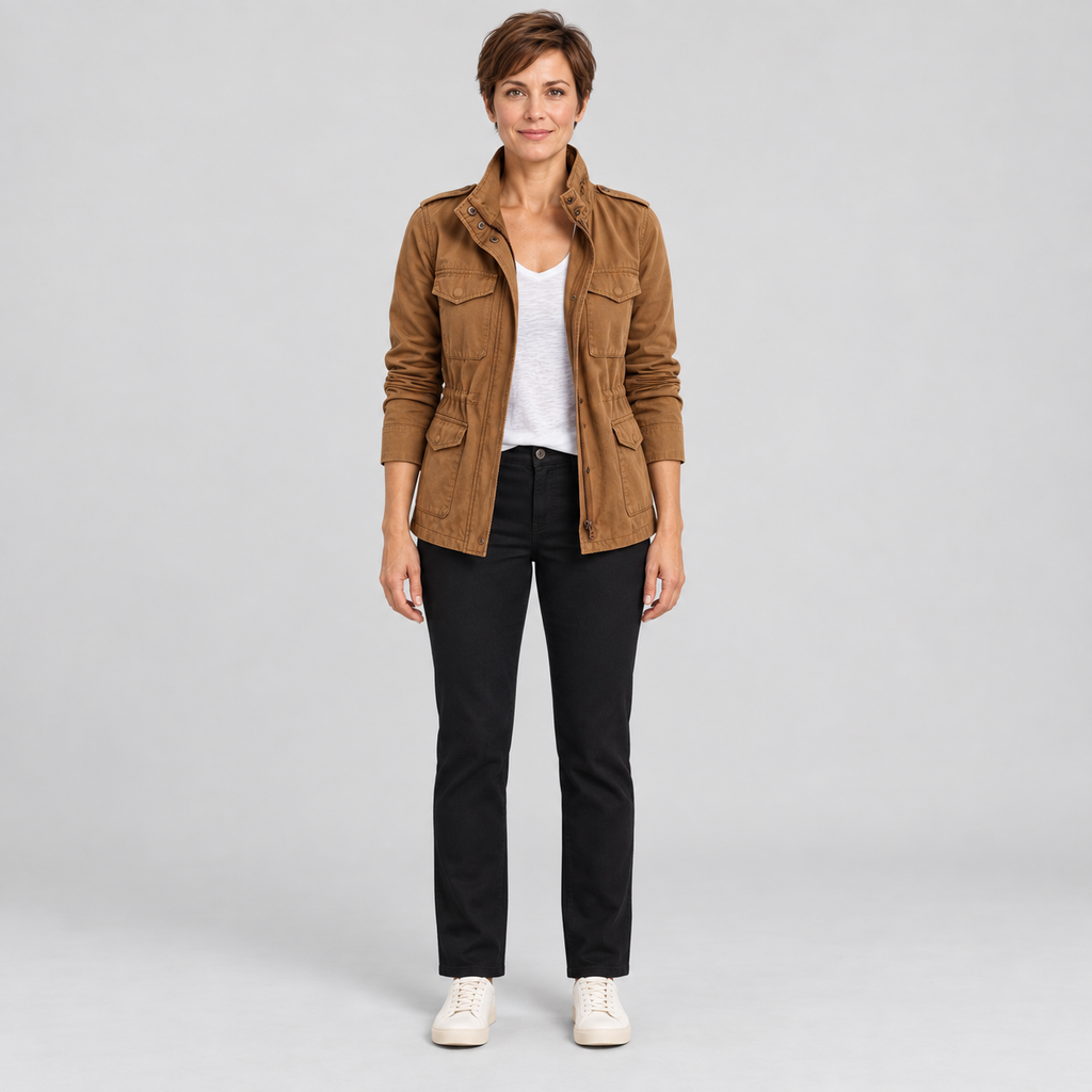 Women's Utility Cargo Jacket with Multi Pocket Drawstring Waist