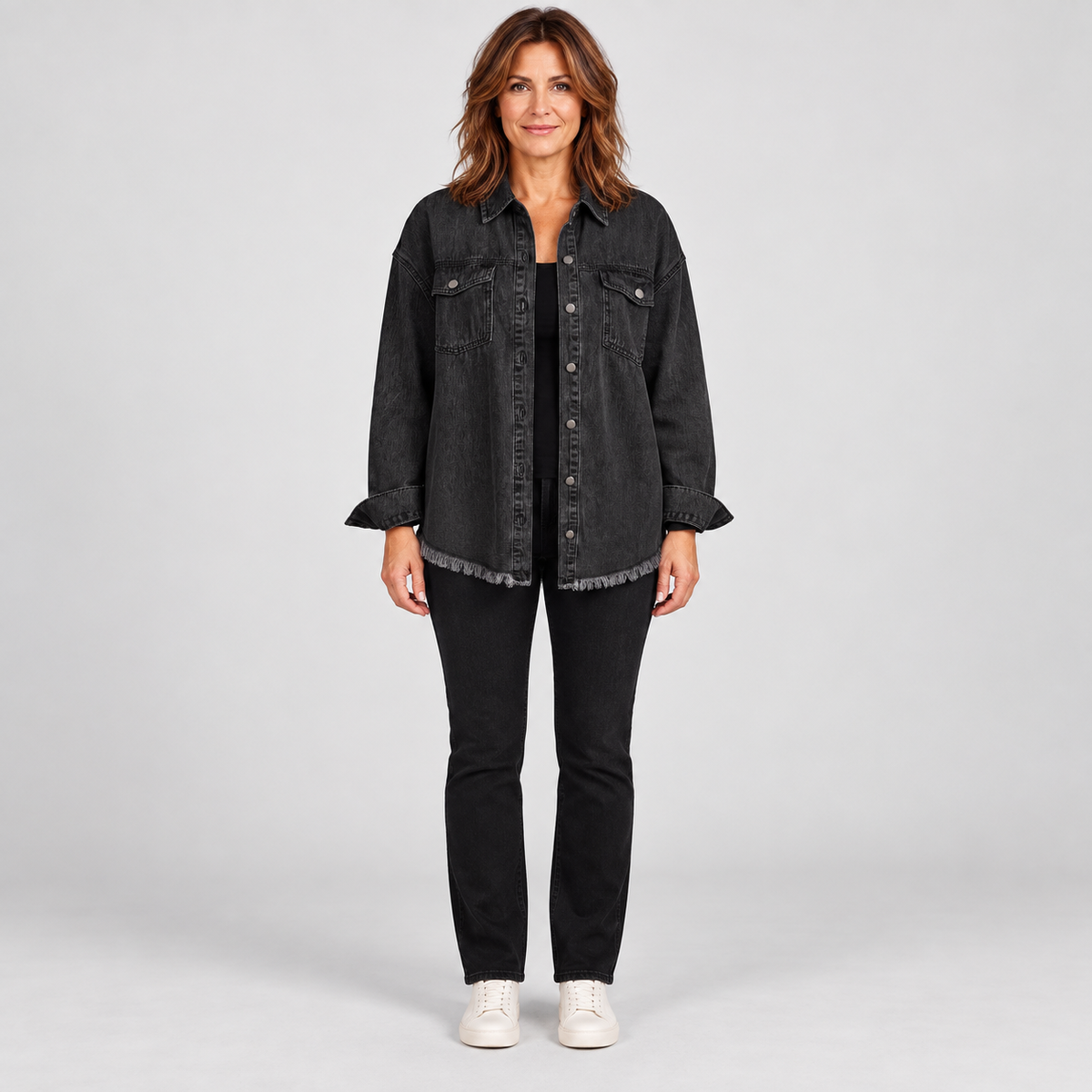 Women's Raw Hem Snap Button Washed Denim Jacket