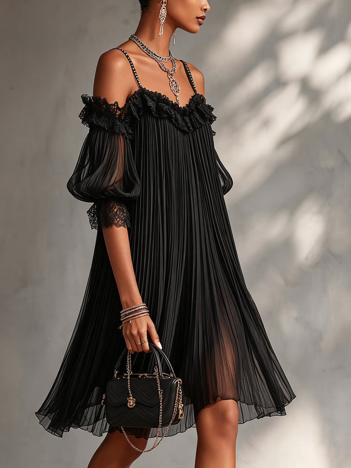 Vittoria | Off-Shoulder Black Chiffon Mini Dress with Lace Trim