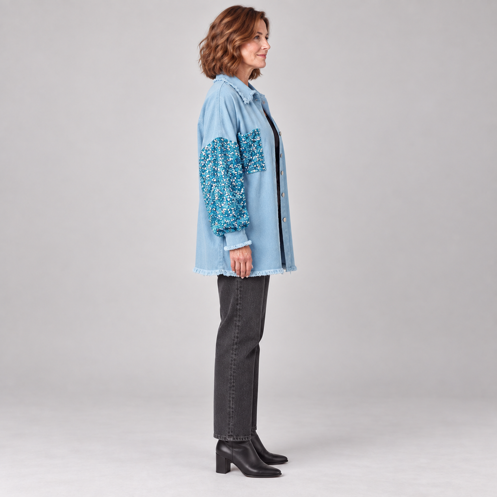 NENITA™ - Chic Oversized Sequin Hem Collared Button Down Jacket