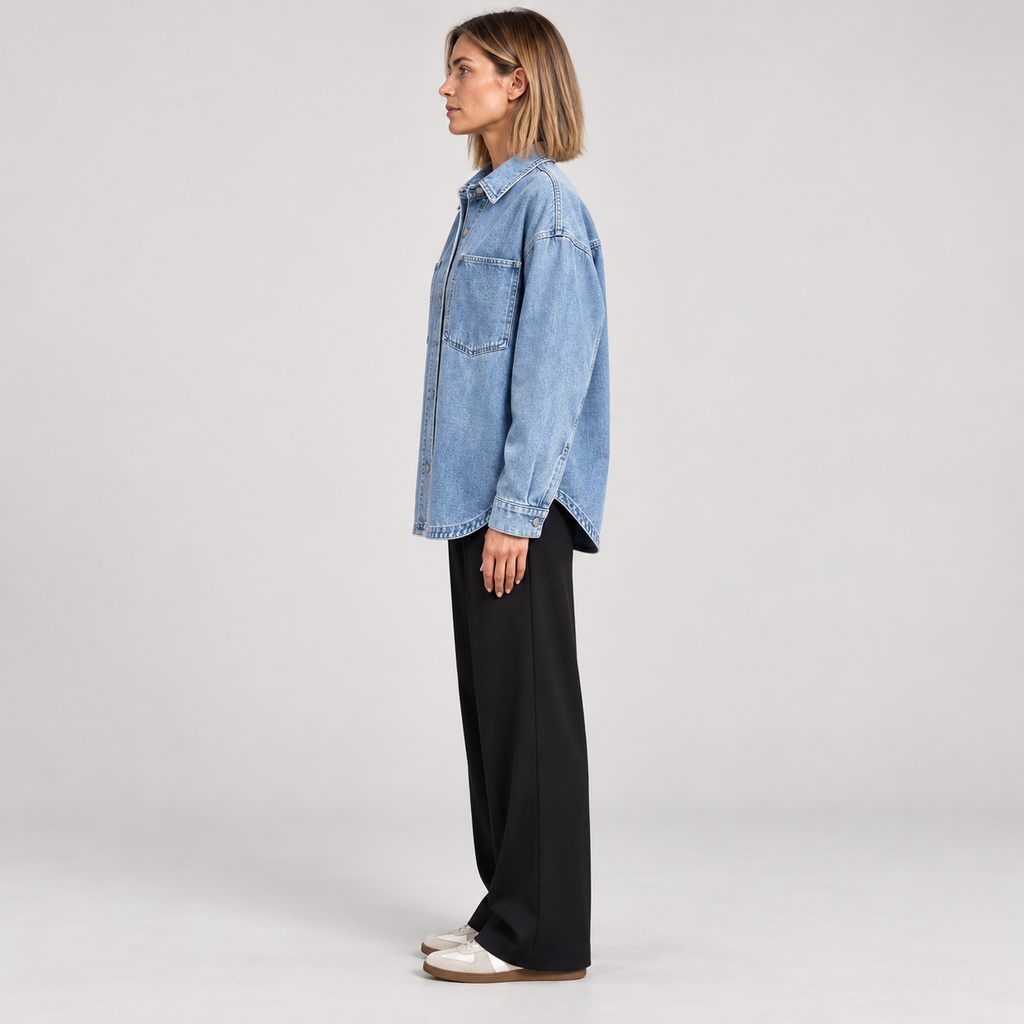 Women's Oversized Button Down Washed Denim Jacket Long Sleeve