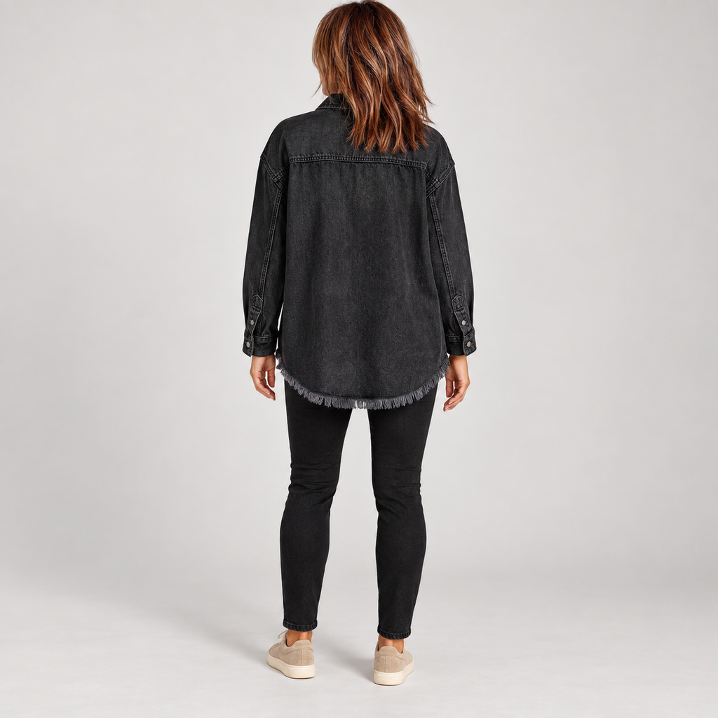 Women's Raw Hem Snap Button Washed Denim Jacket