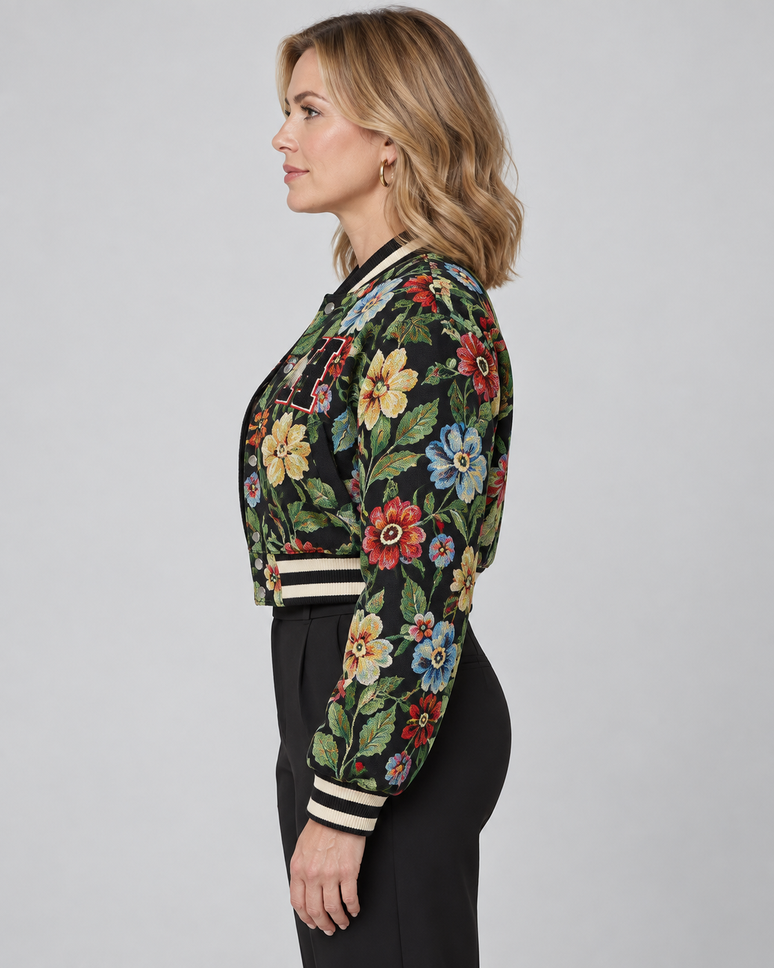 HARA™ - Chic Floral Print Collared Crop Long Sleeve Jacket