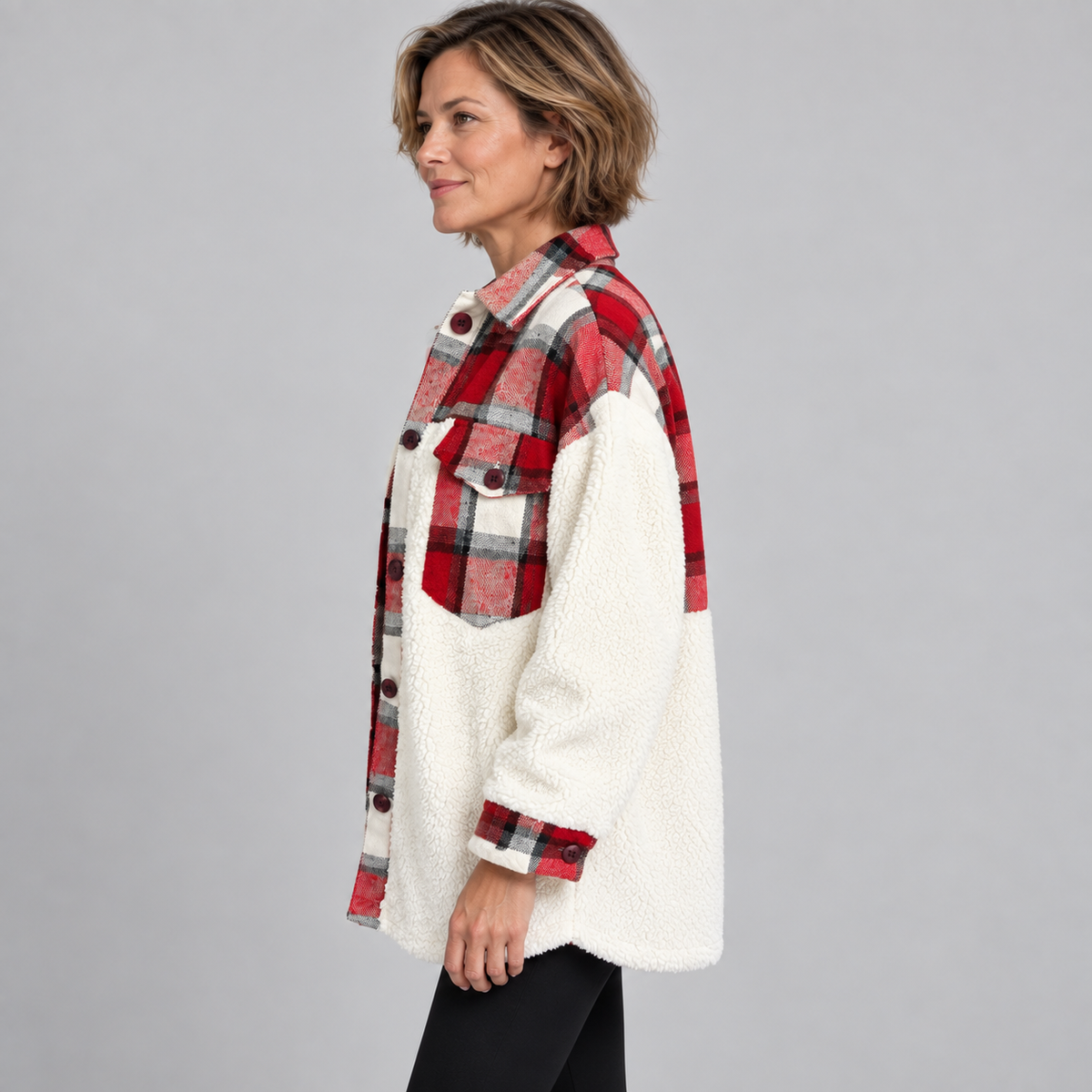 SUNNIE™ - Cozy Long Sleeve Button Down Checkered Jacket