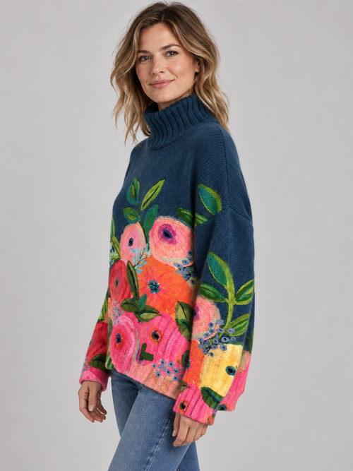 Aleah™ | Retro Floral Pattern Turtleneck Sweater