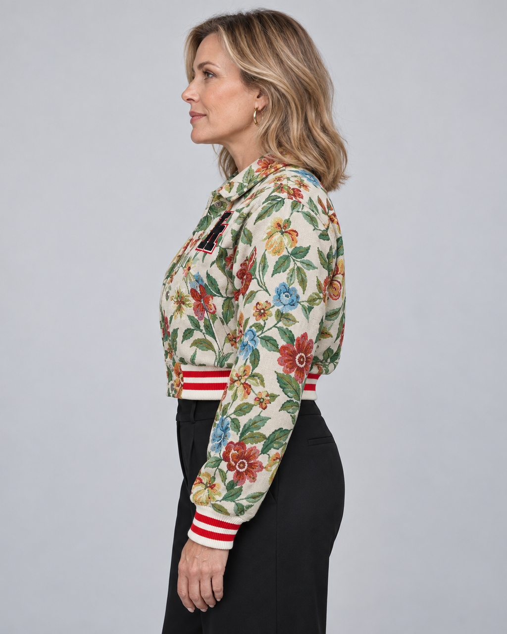 HARA™ - Chic Floral Print Collared Crop Long Sleeve Jacket