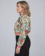 HARA™ - Chic Floral Print Collared Crop Long Sleeve Jacket