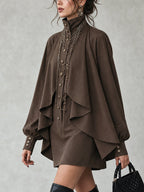 Chocolate high-neck mini dress with cape-style paneling