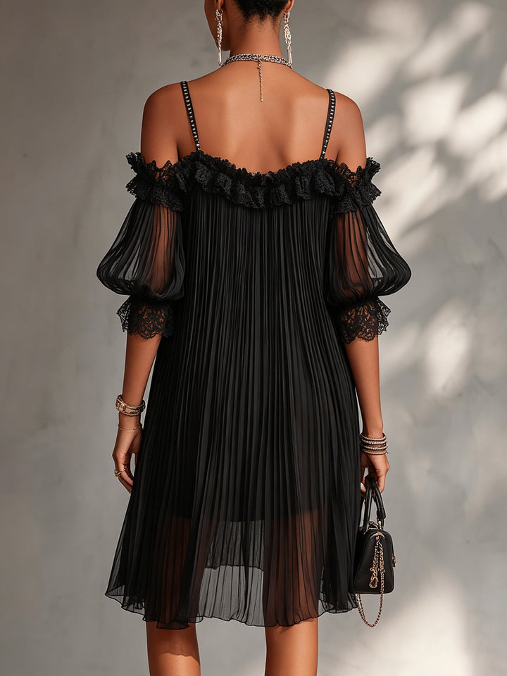 Vittoria | Off-Shoulder Black Chiffon Mini Dress with Lace Trim