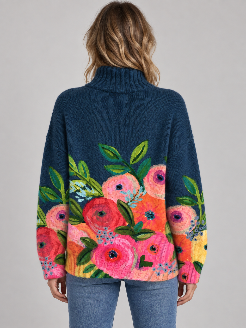 Aleah™ | Retro Floral Pattern Turtleneck Sweater