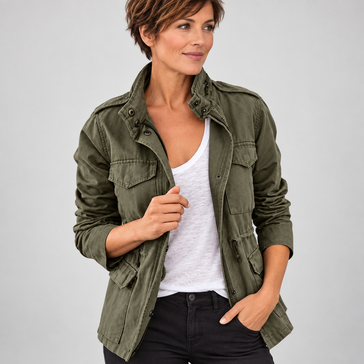 Women's Utility Cargo Jacket with Multi Pocket Drawstring Waist