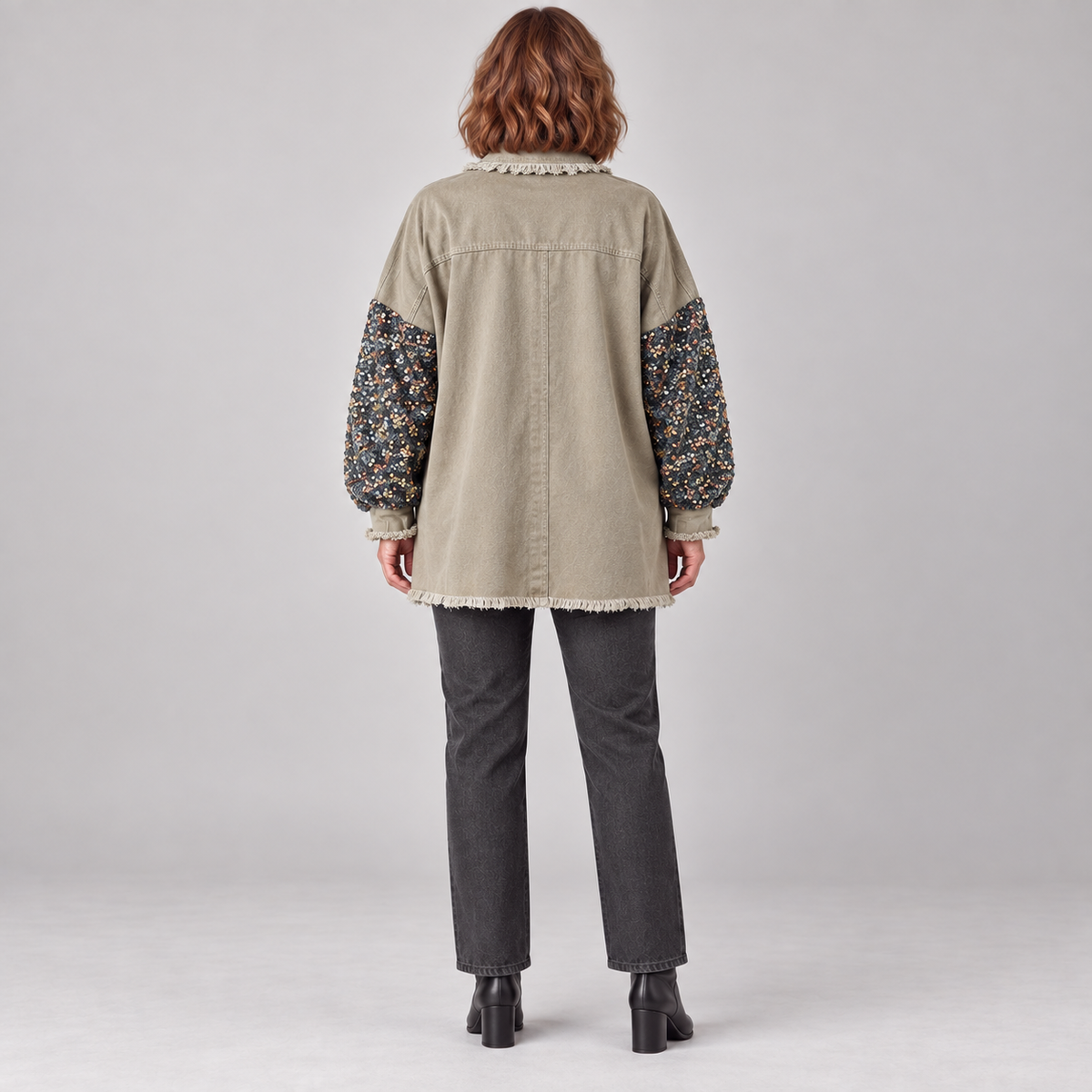 NENITA™ - Chic Oversized Sequin Hem Collared Button Down Jacket
