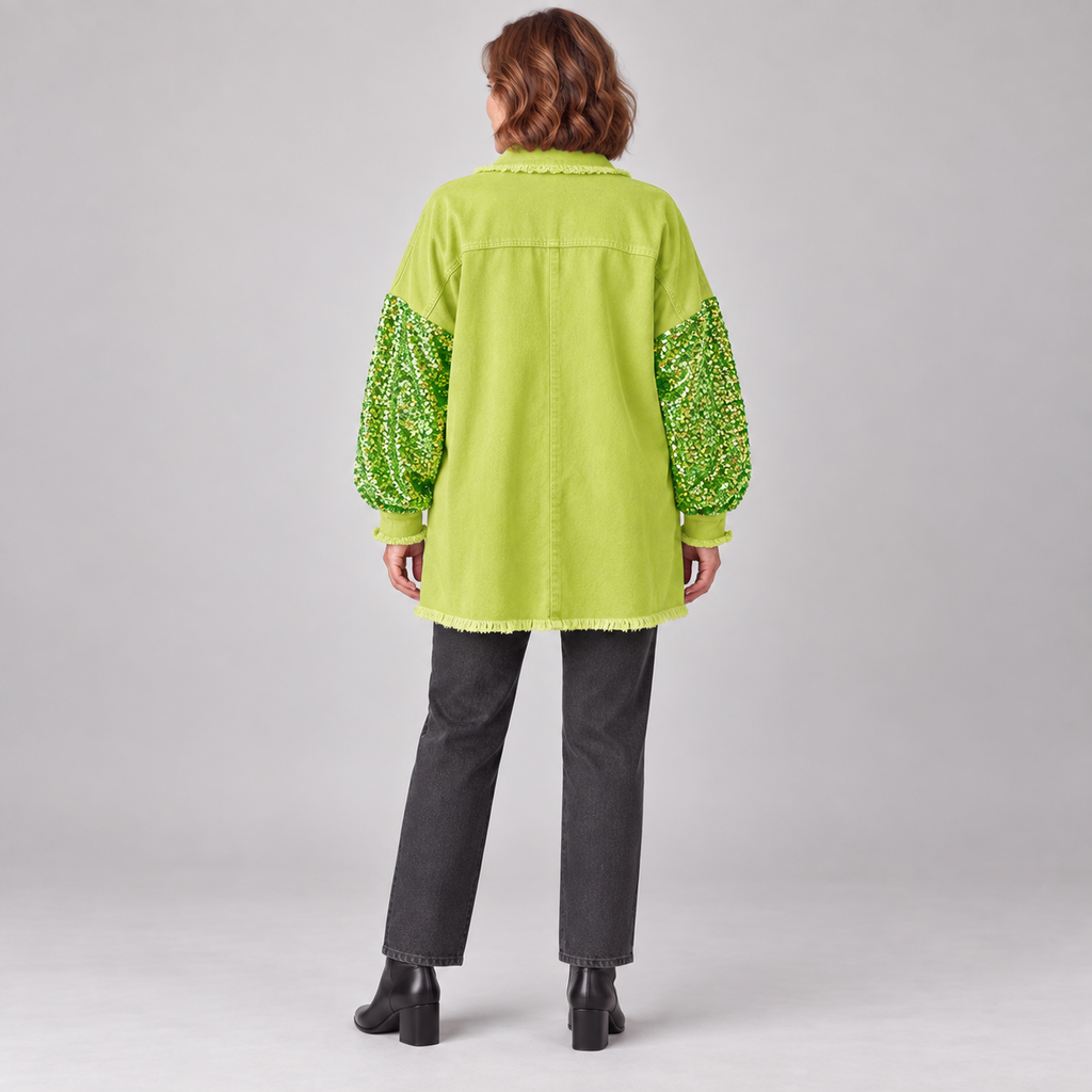NENITA™ - Chic Oversized Sequin Hem Collared Button Down Jacket