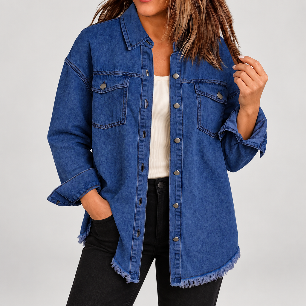 Women's Raw Hem Snap Button Washed Denim Jacket