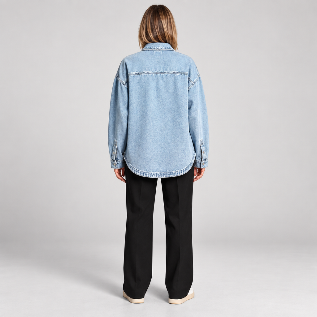 Women's Oversized Button Down Washed Denim Jacket Long Sleeve