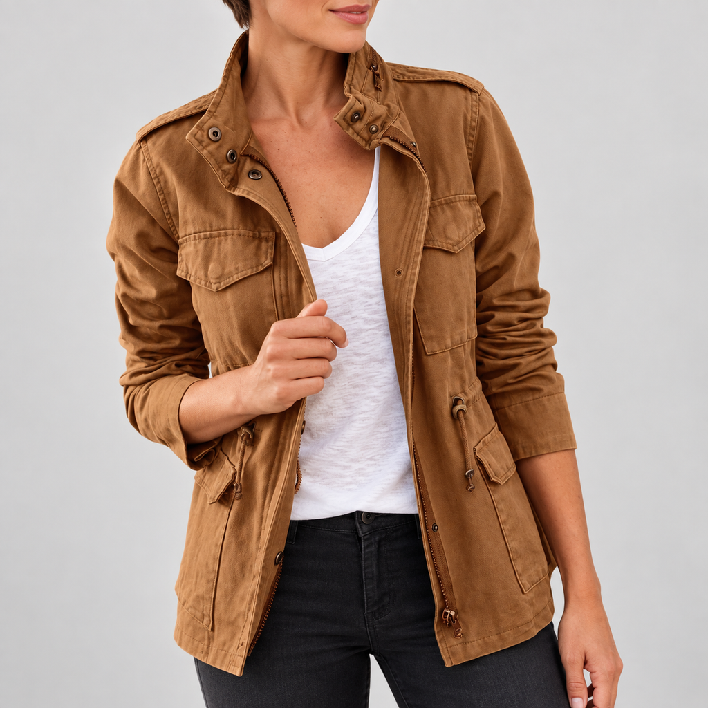Women's Utility Cargo Jacket with Multi Pocket Drawstring Waist