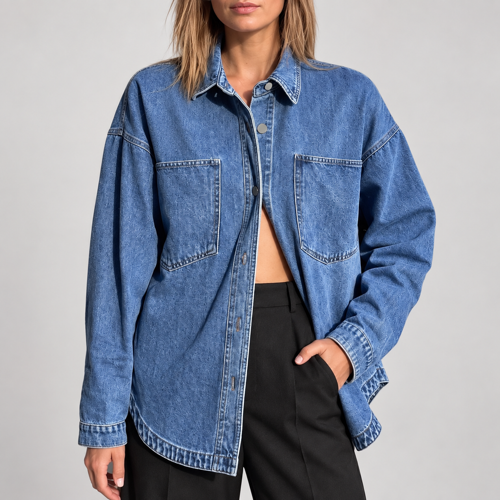 Women's Oversized Button Down Washed Denim Jacket Long Sleeve