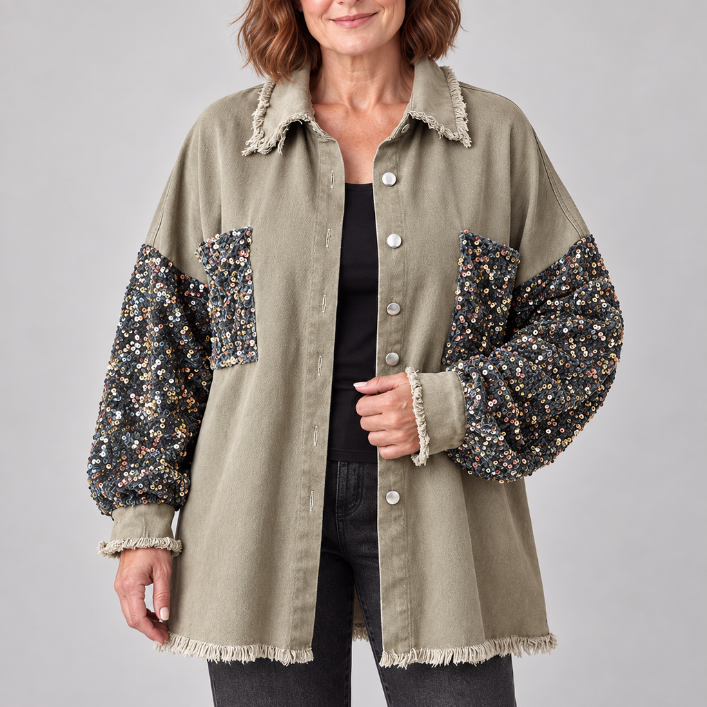 NENITA™ - Chic Oversized Sequin Hem Collared Button Down Jacket