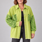 NENITA™ - Chic Oversized Sequin Hem Collared Button Down Jacket