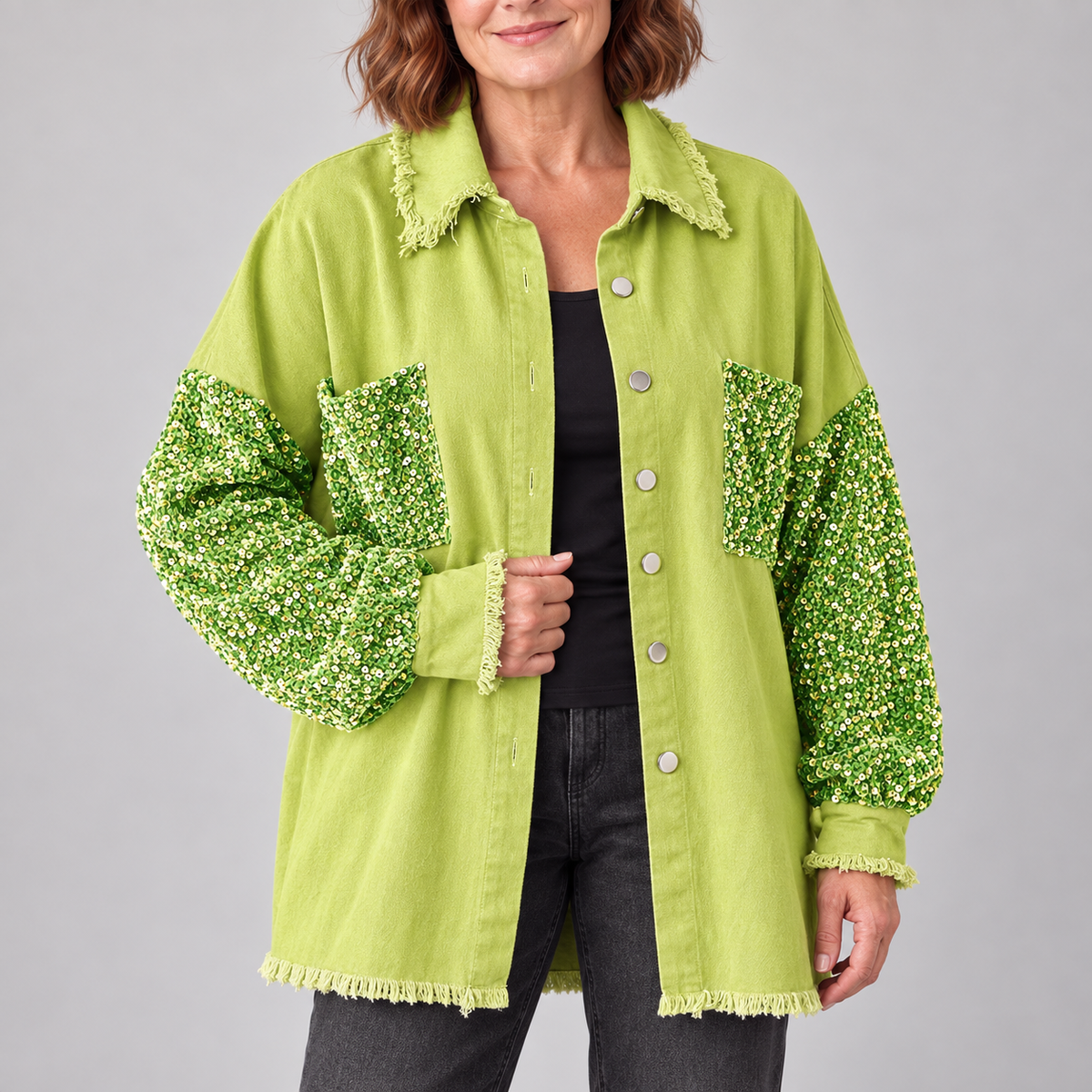 NENITA™ - Chic Oversized Sequin Hem Collared Button Down Jacket