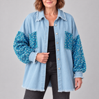 NENITA™ - Chic Oversized Sequin Hem Collared Button Down Jacket