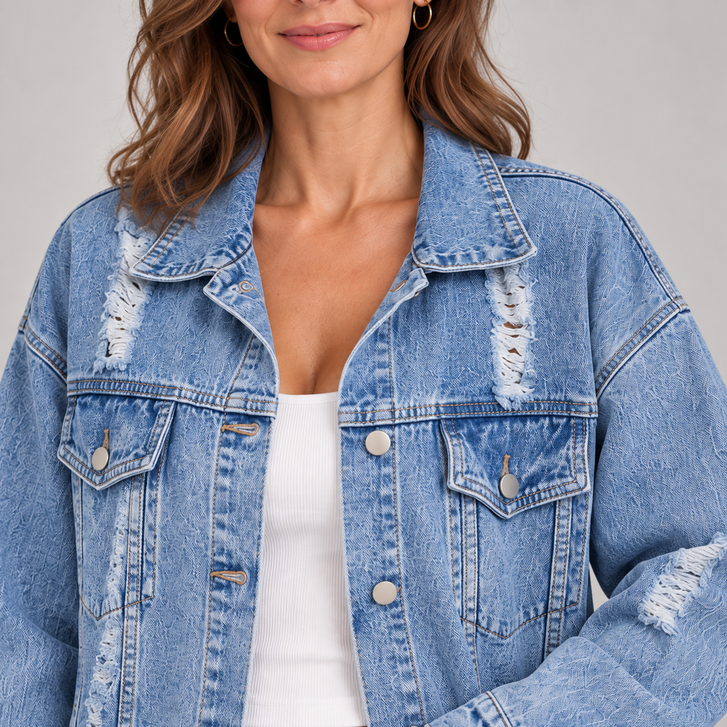 AMIYAH™ - Casual Ripped Fringe Jean Jacket with Pockets for Everyday Style