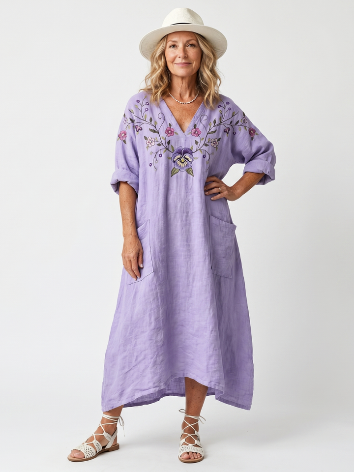 Brisa | Floral Embroidered Oversized Pocket Midi Dress