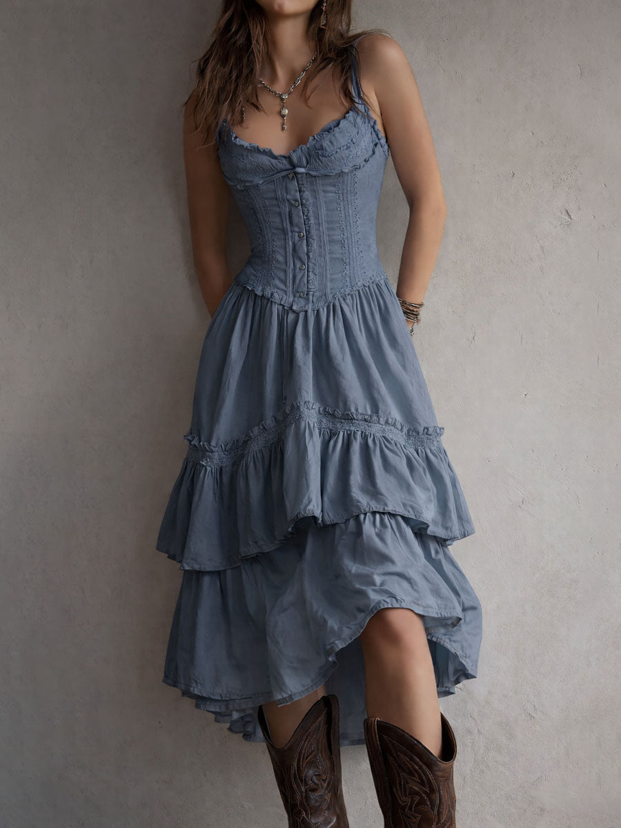 Romy | Corset Tiered Midi Dress with Lace Trim