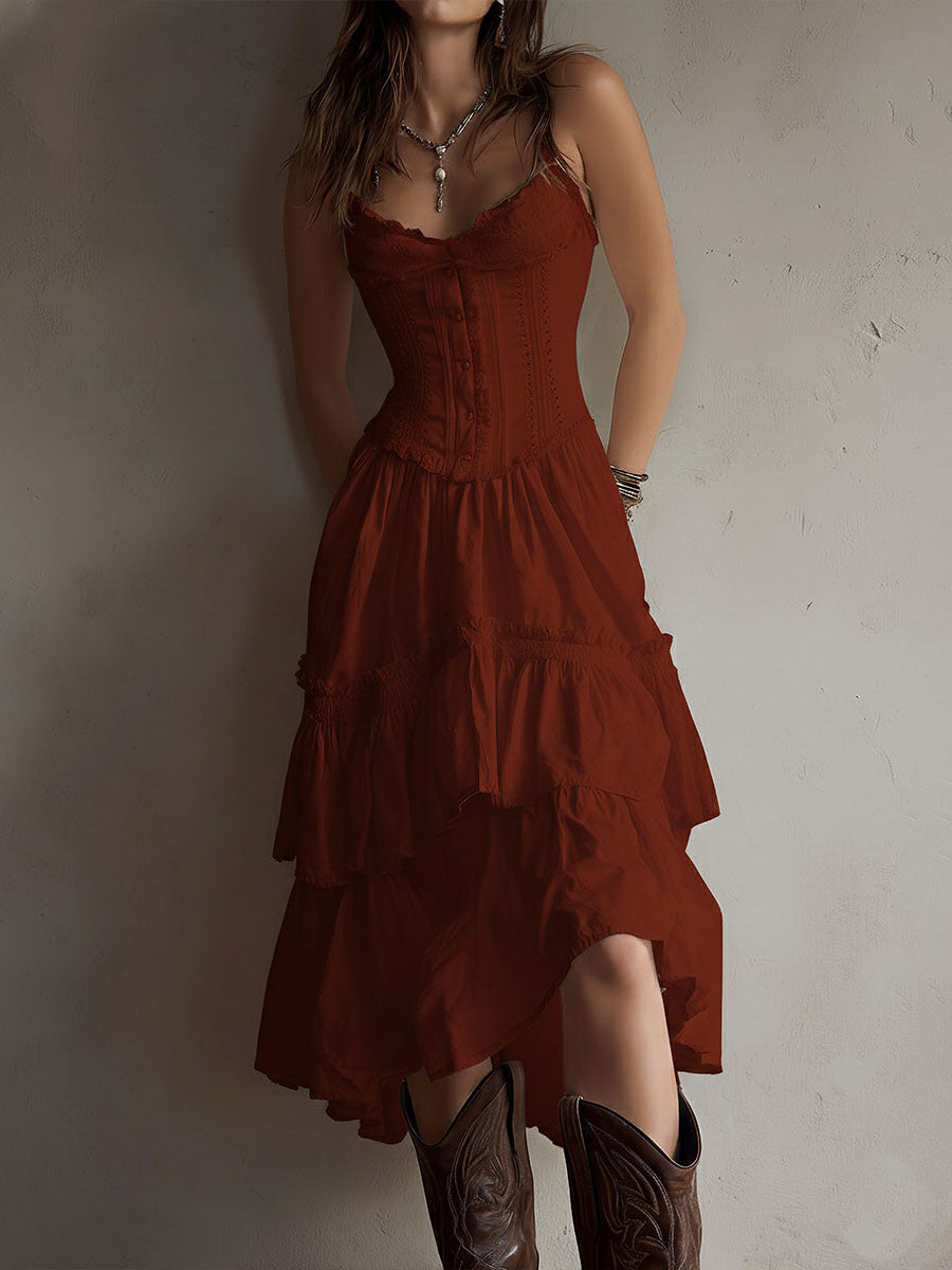 Romy | Corset Tiered Midi Dress with Lace Trim