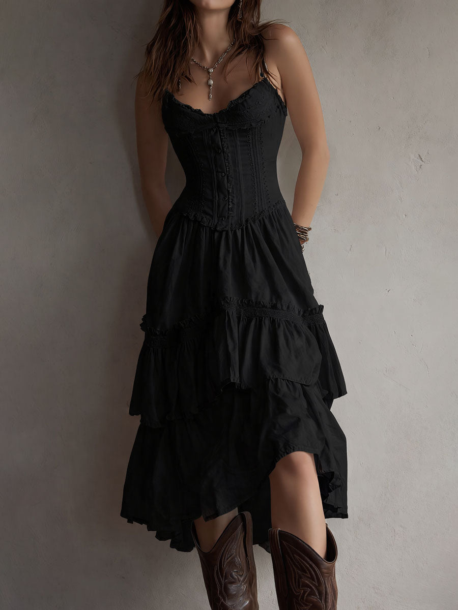 Romy | Corset Tiered Midi Dress with Lace Trim