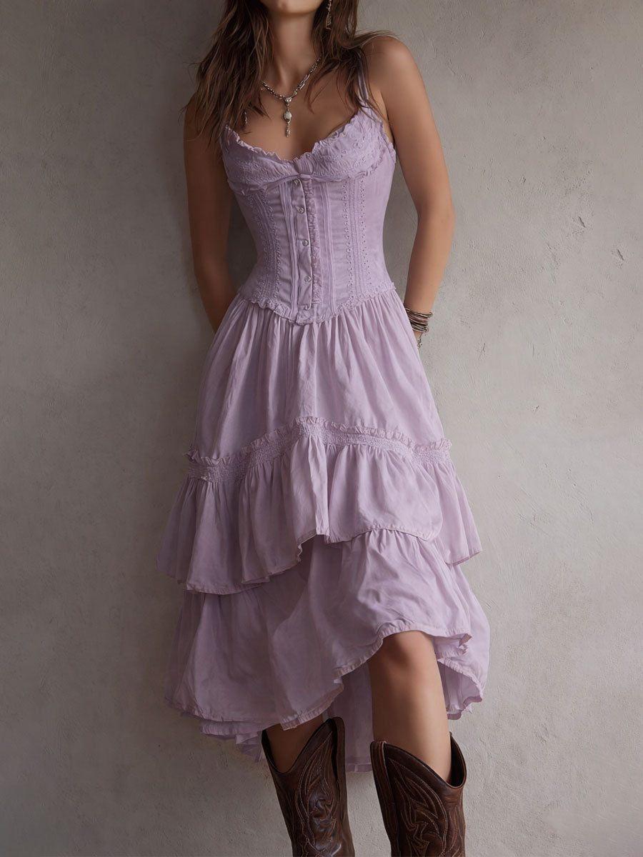 Romy | Corset Tiered Midi Dress with Lace Trim