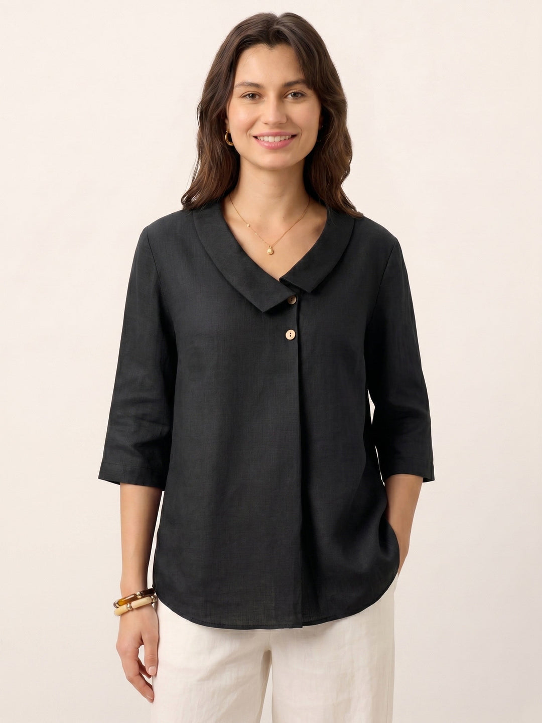 100% Linen Asymmetric Collar Inverted Pleat Top OTTILIE