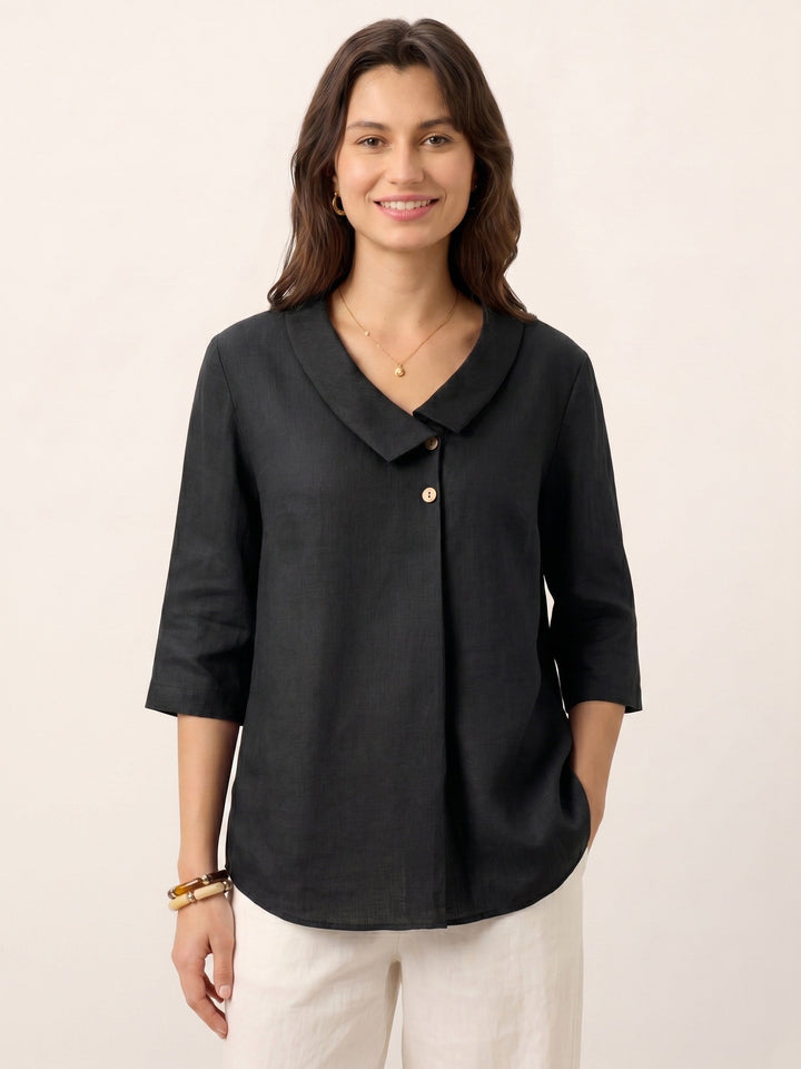 100% Linen Asymmetric Collar Inverted Pleat Top OTTILIE