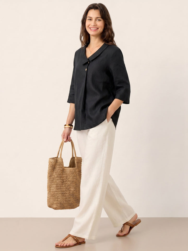 100% Linen Asymmetric Collar Inverted Pleat Top OTTILIE