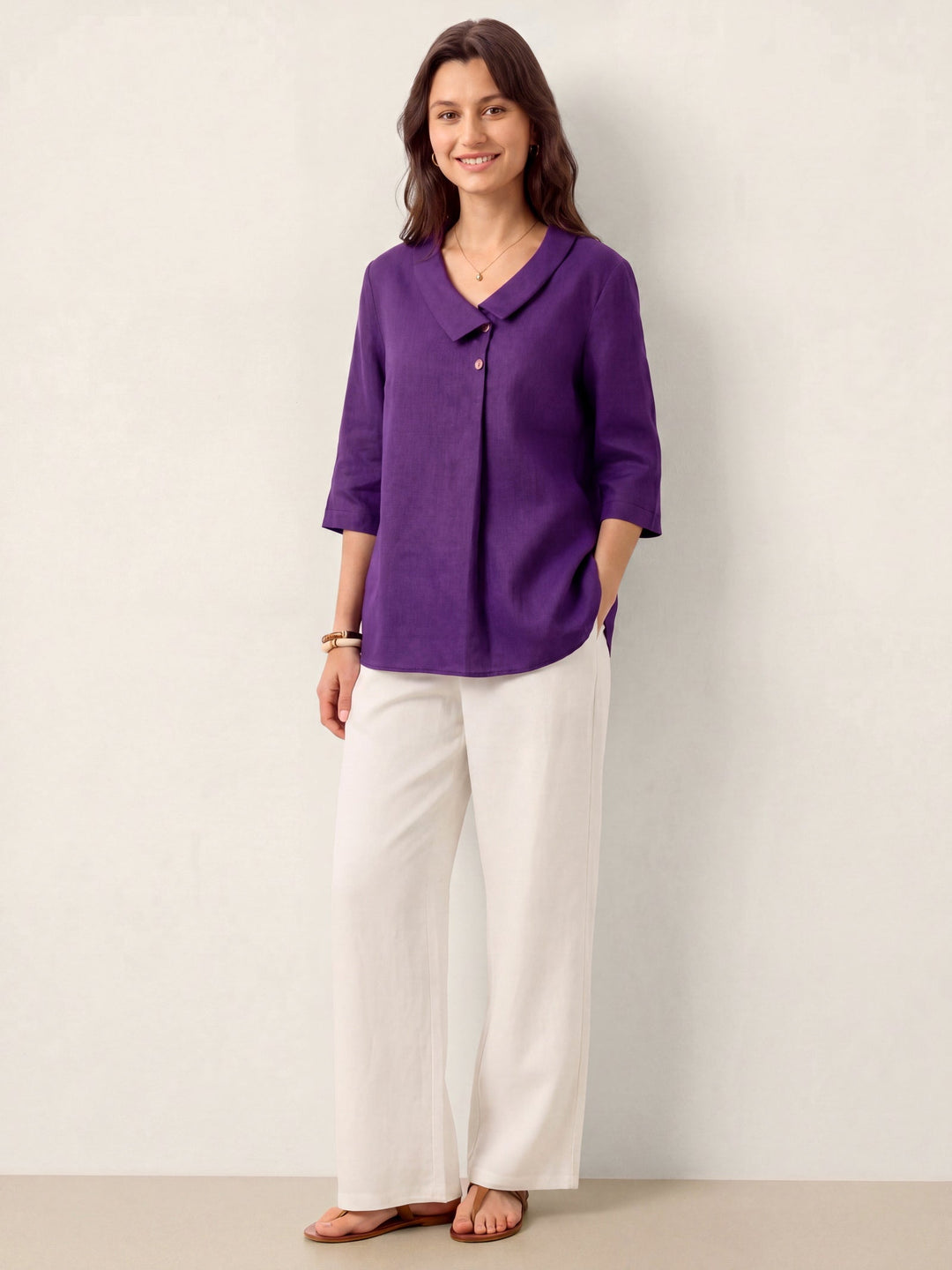 100% Linen Asymmetric Collar Inverted Pleat Top OTTILIE