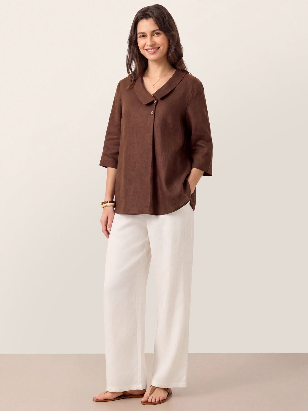 100% Linen Asymmetric Collar Inverted Pleat Top OTTILIE