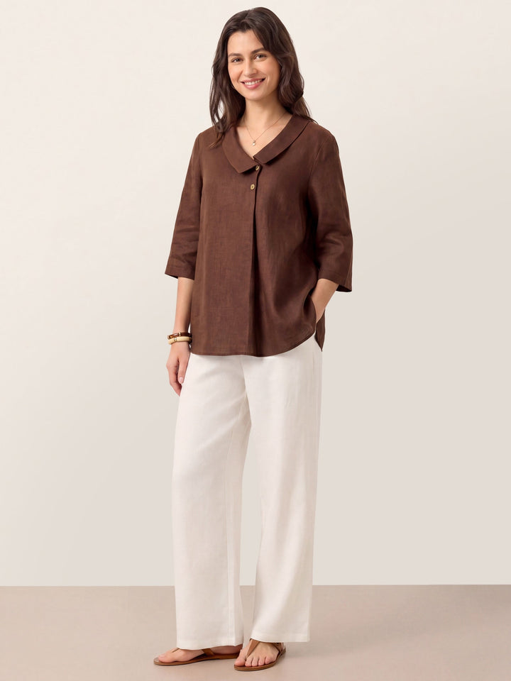100% Linen Asymmetric Collar Inverted Pleat Top OTTILIE