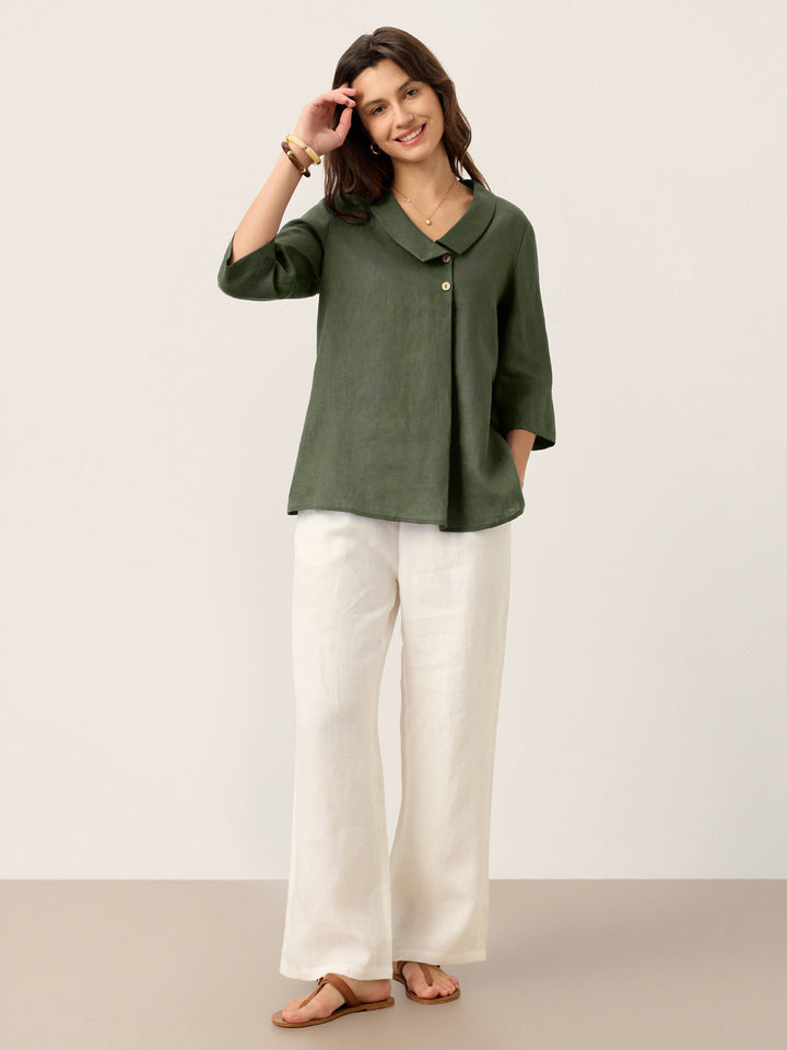 100% Linen Asymmetric Collar Inverted Pleat Top OTTILIE
