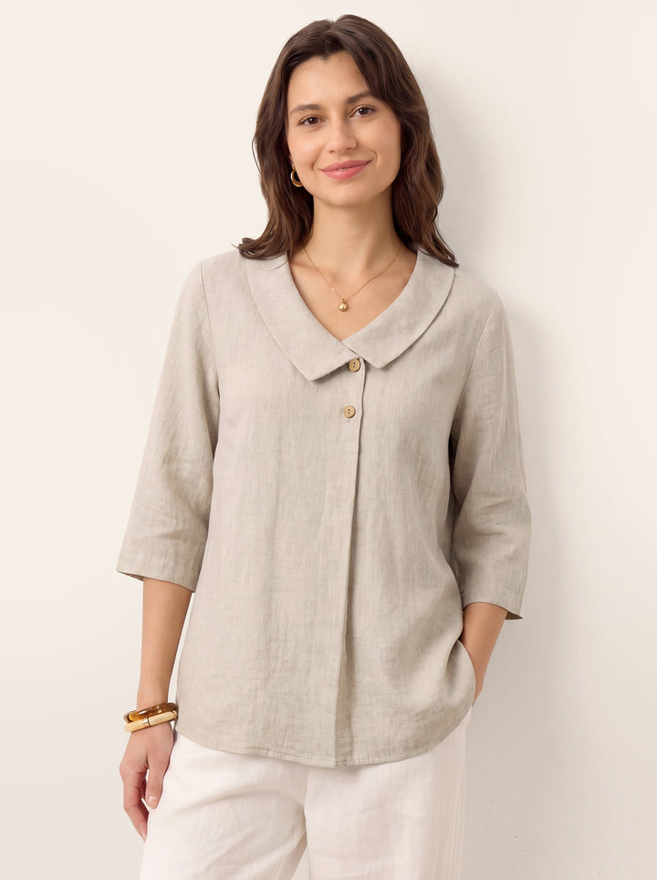 100% Linen Asymmetric Collar Inverted Pleat Top OTTILIE