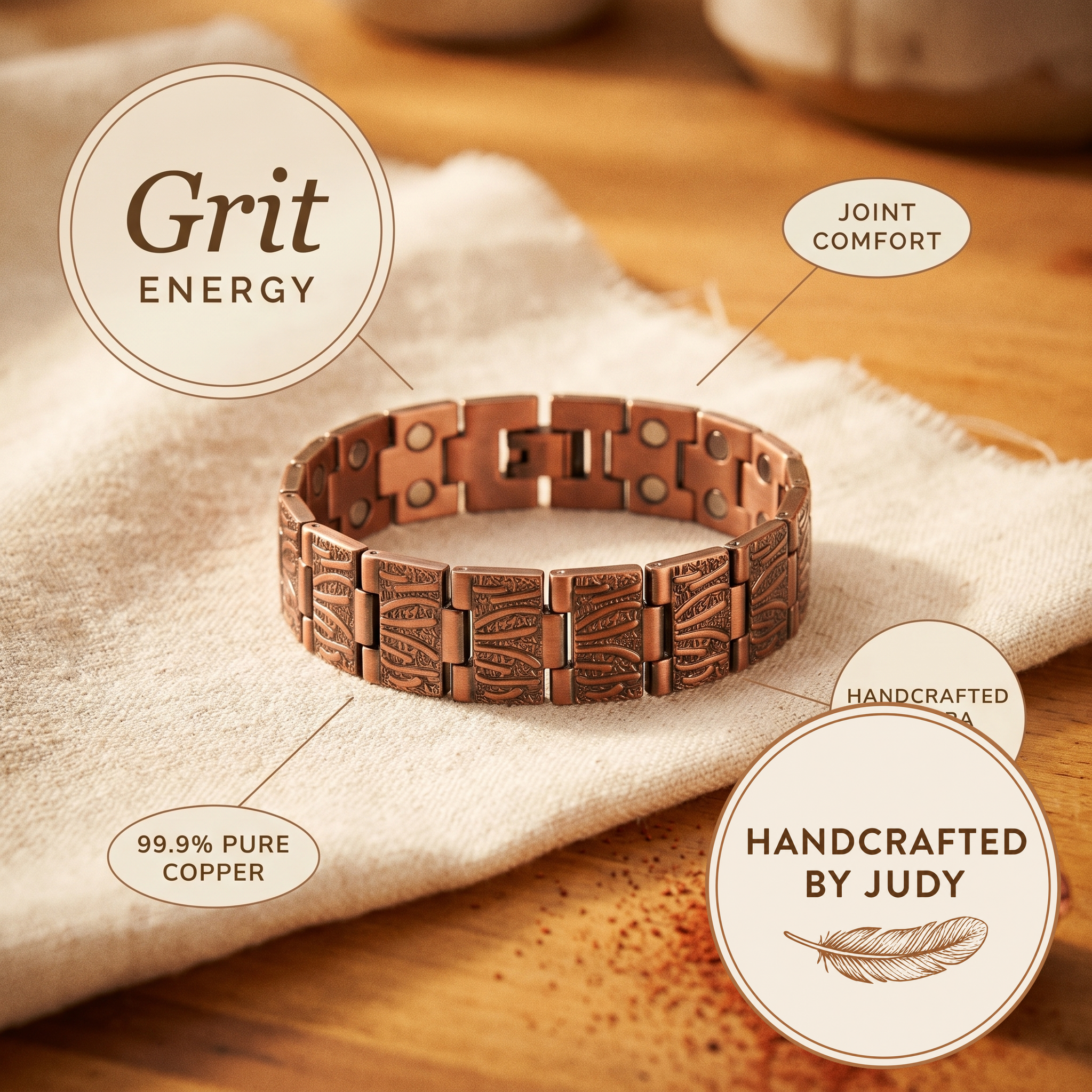 Portia | Embossed Feather-Pattern Copper Cuff Bracelet