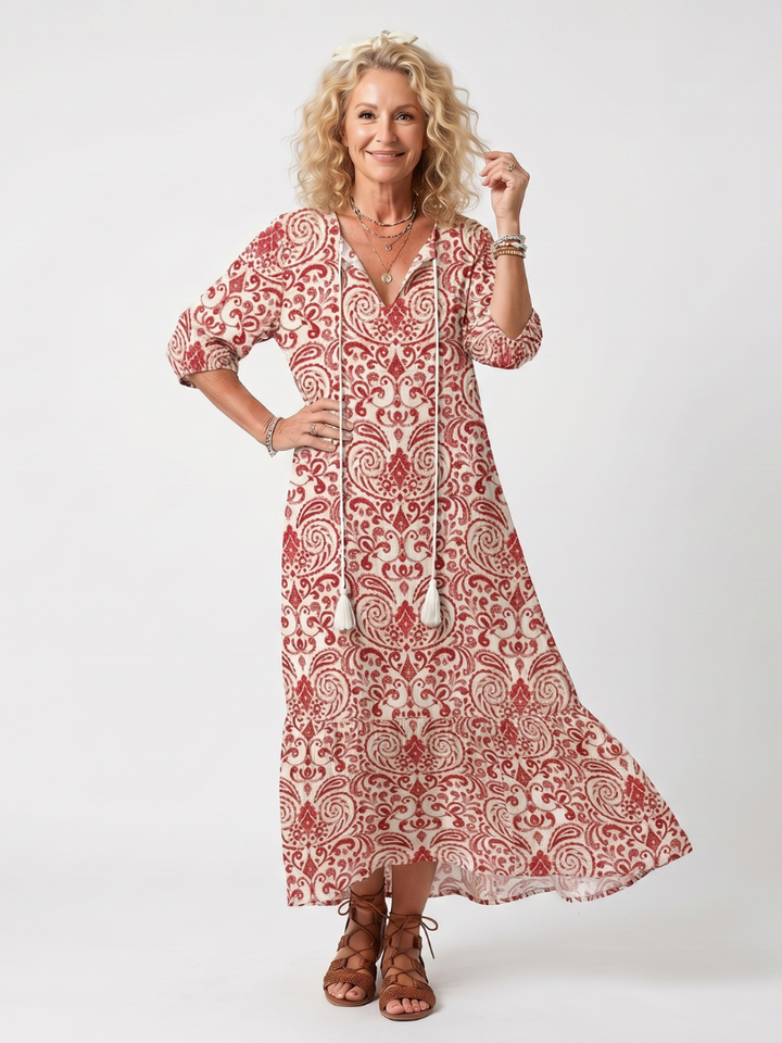 Iolani | Ornate Print Tassel Tie Midi Dress