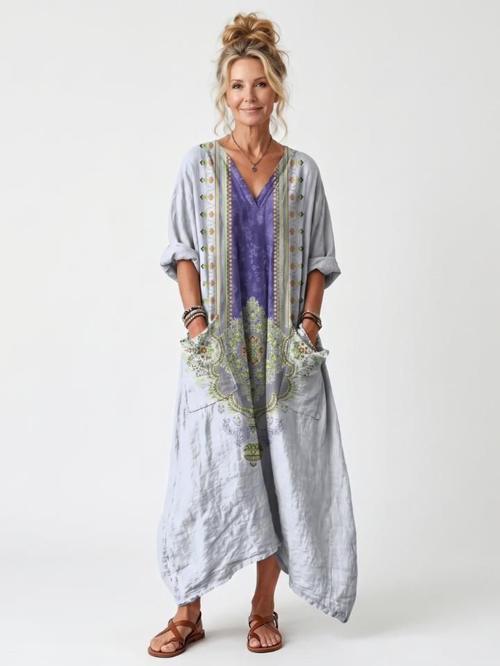 Valonia | Contrast Panel Embroidered Oversized Pocket Midi Dress